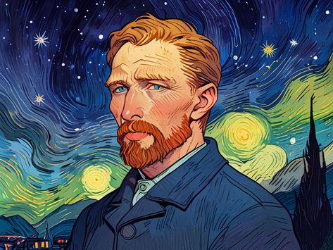 Vincent Van Gogh portrait with starry night in the bac 2 Vincent Van Gogh Portrait, Van Gogh Portrait, Vincent Van, Design Ad, Image Editing, Vincent Van Gogh, Night In, Van Gogh, Starry Night