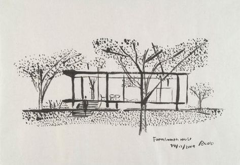 Farnsworth House Sketch, Mies Van Der Rohe Sketch, Glass House Philip Johnson, Mies Van Der Rohe Farnsworth House, Philip Johnson Glass House, Farnsworth House, Bauhaus Movement, Philip Johnson, Ludwig Mies Van Der Rohe