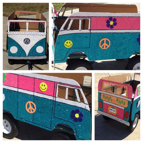 Daughter's float for school Vw Bus Parade Float, Kiddie Parade Float Ideas, 70s Float Ideas, Hippy Parade Float, 70s Parade Float, 70s Float Parade, 70s Parade Float Ideas, Wagon Parade Float Ideas, Wagon Parade Float Ideas Kids