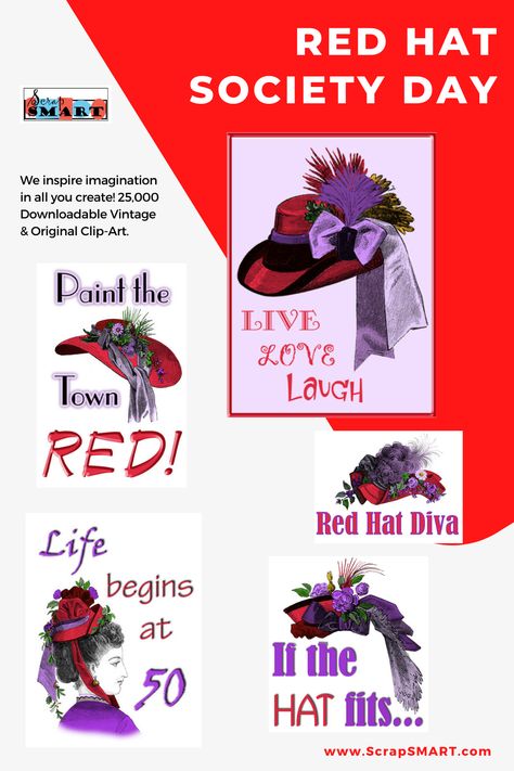 The Red Hat Society is the world’s most prestigious women’s social organization. ScrapSMART is proud to offer an assortment of designs to make your next handmade project extraordinary! ❤️  #scrapSMART #storeSMART #WomenOwned #ShopLocal #shopsmall #RedHatSocietyDay #Clipart #RedHatSociety Red Hat Society Party Ideas, Red Hat Ladies Gifts, Red Hat Society Clipart, Red Hats Society, Red Hat Society Fashion, Boutique Cards, Red Hat Ladies, Red Hat Society, Card Purse