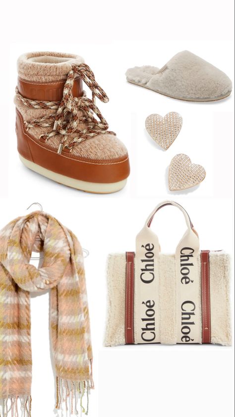 Neutral accessories including tote, boots and scarf Chloe Moon Boots, Lace Up Boot Outfit, Snow Boots Outfit, Chloe Outfit, Ski Fits, Winter Neutrals, Winter Staples, Gold Heart Earring, Shearling Slippers