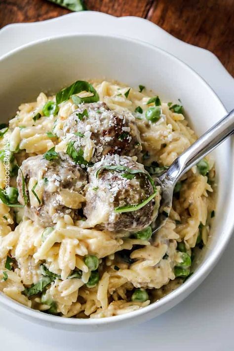 Meatballs And Orzo, Basil Cream Sauce, Parmesan Meatballs, Carlsbad Cravings, Cream Sauce Recipes, Orzo Recipes, Beef Meatballs, Easy Meal Plans, Lasagna Recipe