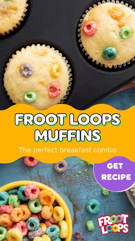 Try out this muffin recipe to brighten up your morning with Froot Loops! 1 cup all-purpose flour 1/4 cup sugar 2 1/2 teaspoons baking powder 1/4 teaspoon salt 1 egg 3/4 cup fat-free milk 2 tablespoons vegetable oil 2 cups Kellogg's® Froot Loops® cereal 1. Stir together flour, sugar, baking powder and salt. 2. In small bowl combine egg, milk and oil. Add to flour mixture. Fold in cereal. Portion evenly into twelve 2 1/2-inch muffin-pan cups 3. Bake at 375° F about 15 minutes Fruit Loops Cookies, Recipes Using Fruit Loops Cereal, Fruit Loop Recipes, Froot Loops Recipes, Fruit Loops Recipes, Cereal Muffins Recipes, Cereal Muffins, Cereal Desserts, Froot Loops Cereal