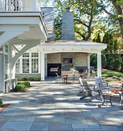 Our Bluestone Patio and How It Can Work For You - Chrissy Marie Blog Covered Patio With Steps Down From House, Adding Roof To Patio, Hip Roof Over Deck, Covered Back Patio With Fireplace, Covered Porch Addition Backyards, Half Covered Patio, Partially Covered Deck Ideas, Roof Extension Over Patio, Deck With Roof Ideas