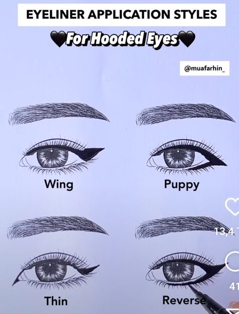 Puppy Eyeliner Hooded Eyes, Dog Eyeliner, Puppy Eyeliner, Eyeliner Application, Eyeliner For Hooded Eyes, How To Do Eyeliner, Under Eye Makeup, Round Face Makeup, Alt Makeup