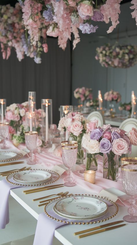 This romantic pastel wedding tablescape features soft floral arrangements, candlelit elegance, and dreamy hanging florals. 🌸✨ With gold accents and blush-toned details, this setup is perfect for a luxury, garden-inspired, or vintage wedding reception. Save this pin for dreamy wedding décor inspiration! 🍽️💍 #pastelwedding #weddingtablescape #luxurywedding #romanticwedding Pastel Table Decor, Romantic Pastel Wedding, Romantic Reception, Hanging Florals, Pastel Wedding Theme, Vintage Wedding Reception, Sweetheart Table Wedding, Wedding Tablescape, Luxury Garden