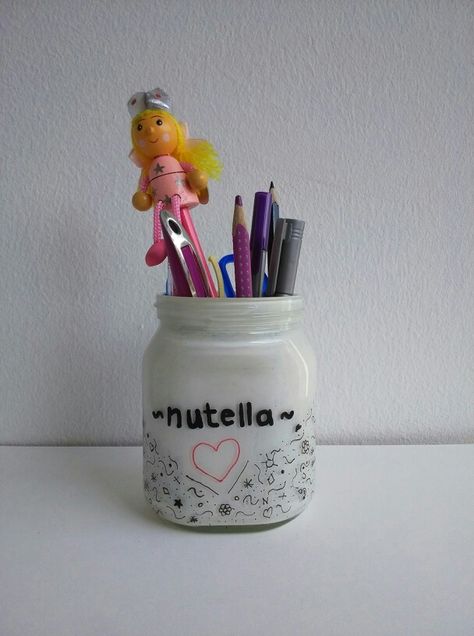 DIY nutella jar for pencils Back to school supplies Nutella Jar Diy, Diy Nutella, Nutella Jar, Jar Diy, Back To School Supplies, Aesthetic Painting, College Dorm, New Room, Nutella