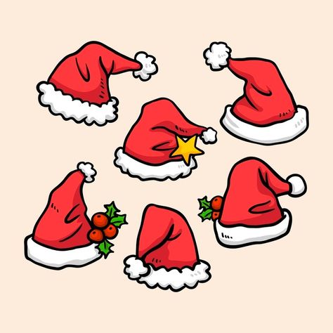 Cartoon Santa Hat, Santa Claus Hat Drawing, Santa Hat Doodle, Santa Claus Doodle, Christmas Hat Drawing, Santa Hat Drawing, Cute Christmas Drawings, Santa Hat Vector, Santa Claus Drawing