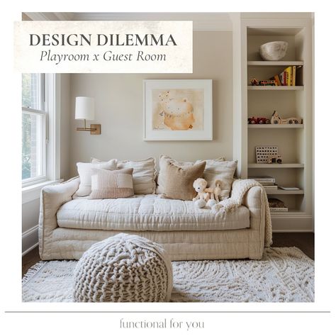 A couple weeks ago on my stories I asked about some design challenges you all were having. I received so many good questions I figured why not turn it into a series...so here’s our first #DesignDilemma! 🤗 This submission asked about how to create a guest room AND play room in the same place...while still having it look nice for visitors. Here are my top tips: 1. Assess your space: Determine how much floor space you’re willing to dedicate to the bed – whether it’s a standard bed or a space... Guest Room Office Playroom Combo, Guest Room Playroom Combo, Playroom And Guest Room Combo, Playroom Guest Room Combo Ideas, Playroom Guest Room Combo, Guest Room Playroom, Office Playroom Combo, Multi Purpose Guest Room, Small Dressers