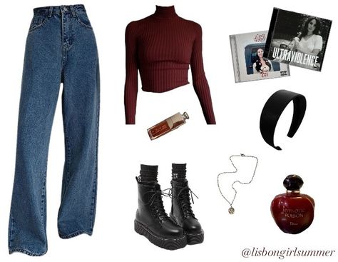 Outfit Inspo Dark Aesthetic, Dark Red Fashion, Dark Cherry Aesthetic Outfit, Maneater Outfits Casual, Tv Girl Inspired Outfits, Dark Aesthetic Clothes Style, Dr Wardrobe, Vampire Style Aesthetic, Dark Red Top Outfit