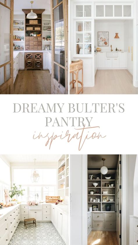 Butler’s Pantry Inspiration Round Up - Farmhouse Living Butlers Pantry Small Space, Butler Pantry Floating Shelves, Butler Pantry With Ladder, U Shaped Butlers Pantry, Butler Pantry With Desk Area, French Country Butlers Pantry, Farmhouse Pantry Lighting, Butter Pantry Ideas, Turning A Closet Into A Butlers Pantry