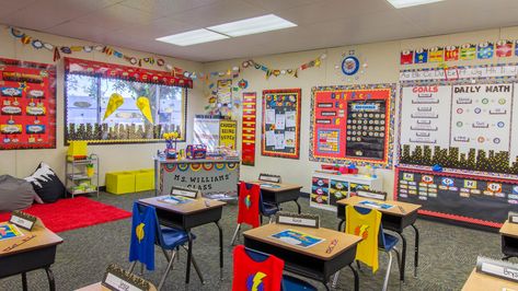 Our second Superhero themed classroom with all new accents, bunting, awnings, and more. Superhero Classroom Theme, Classroom Arrangement, Classroom Pictures, Classroom Tour, Superhero Classroom, Classroom Layout, Classroom Organisation, 4th Grade Classroom, 3rd Grade Classroom