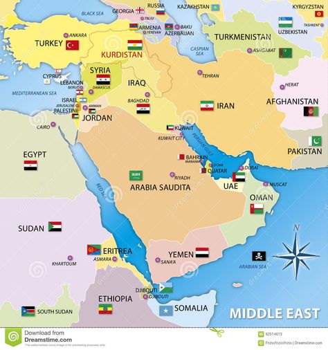 Middle East Map, Graphic Elaboration Stock Illustration - Image: 62514613 Flags Illustration, World Map Europe, Middle East Map, Middle East Countries, World Map Photo, Maps Aesthetic, Cartography Map, Arab States, Bible Mapping