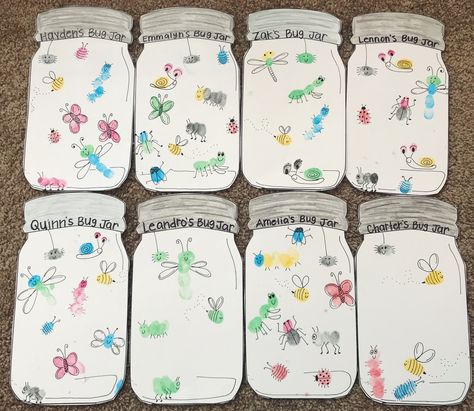 Fingerprint bug jars Bug Activities, Prek Crafts, Insects Preschool, Bugs Preschool, Insect Activities, Insect Crafts, Fingerprint Art, Bug Collection, Summer Camp Crafts