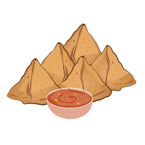 SAMOSA WITH RED CHUTNEY Chai Samosa Illustration, Samosa Drawing, Samosa Illustration, Samosa Aesthetic, Food Doodles, Indian Snacks, Samosa, Cartoon Background, Animation Background