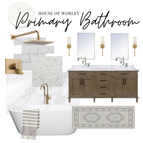 Bathroom Design Board, Primary Bathroom Design, Bathroom Mood Board, Bathroom Tips, Marble And Brass, Design Mood Board, Kitchen Mood Board, Timeless Bathroom, House Bathrooms