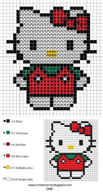 Kawaii Cross Stitch, Small Patterns, Hello Kitty Crochet, Cute Overalls, Hello Kitty Crafts, Bead Crochet Patterns, Hello Kit, Pixel Art Pattern, Diy Cross Stitch