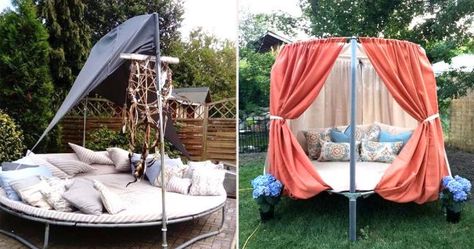 Re Purpose Trampoline, Repurposing Trampoline Ideas, Recycling Trampoline Ideas, Trampoline Transformation Ideas, How To Make A Trampoline Look Nice, Recycle Trampoline Ideas, Diy Trampoline Tent, Recycled Trampoline Ideas Diy, Diy Trampoline Cover