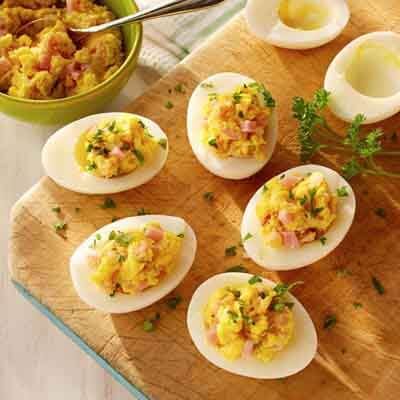 Deviled Eggs With Ham from Land O'Lakes Dill Pickle Appetizers, Pickle Appetizer Recipes, Land O Lakes Recipes, Deviled Eggs With Relish, Pickle Appetizers, Devil Eggs, Ham Wraps, Seafood Salad Pasta, Homemade Ham