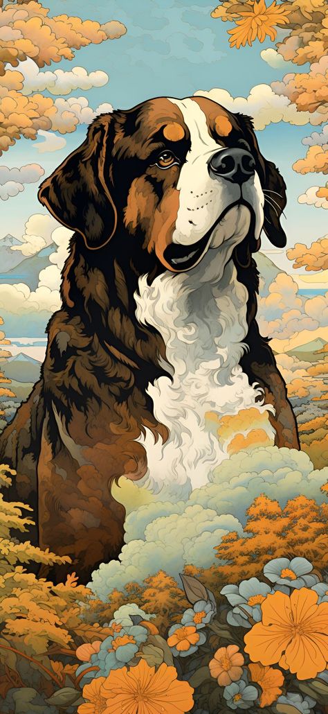 An Ukiyo-E style artistic depiction of a Saint Bernard dog sitting amongst clouds and vegetation, ideal for an aesthetic phone wallpaper. Grizzly Bear Tattoos, Burnese Mountain Dog, Dog Wallpaper Iphone, Saint Bernard Dog, Unique Wallpapers, Batman Pictures, Aesthetic Wallpaper Iphone, St Bernard Dogs, Bernard Dog