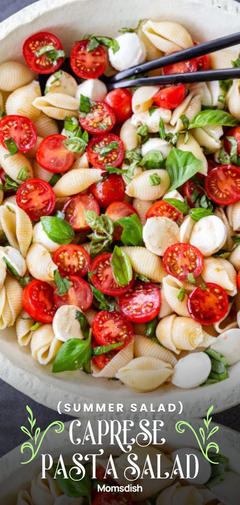 Caprese pasta salad is a delightful and refreshing dish that combines the flavors of a traditional Caprese salad with cooked pasta. The salad includes cooked pasta tossed with fresh mozzarella cheese, cherry tomatoes, fresh basil leaves, and a tangy dressing. This combination provides a delicious blend of flavors that is both light and satisfying. It is often served as a side dish or a standalone meal, and can be enjoyed at picnics, barbecues, or as a refreshing option on hot days. Sides To Bring To A Cookout, Light Pasta Salads, Caprese Pasta Salad Recipes, Cookout Dishes, Best Picnic Food, Filling Salad Recipes, Cold Pasta Salad Recipes, Caprese Pasta Salad, Caprese Pasta