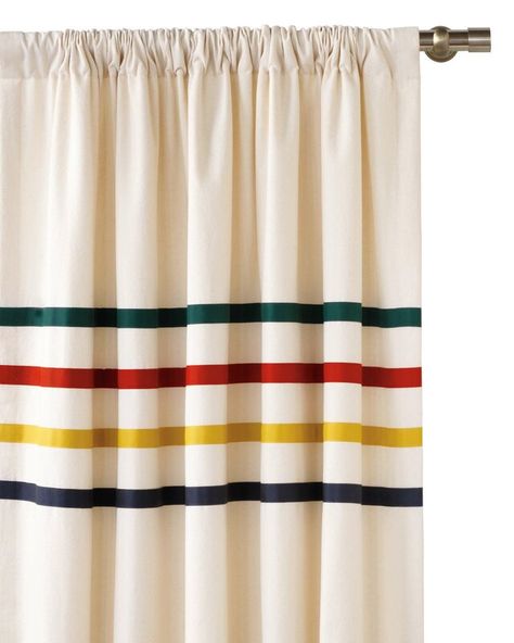 Hudson Bay Decor, Double Shower Curtain Rod, Camp Cabins, Hudson Bay Blanket, Natural Curtains, Ivory Curtains, Comforters Bed, Cabin Decorating, Airbnb House