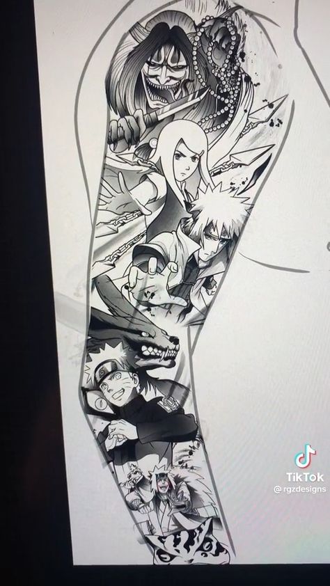 Naruto Sleeve Tattoo Ideas, Naruto Full Sleeve Tattoo, Naruto Minato Tattoo, Minato Tattoo, Bleach Tattoo, Atlas Tattoo, Full Tattoo, Dragon Ball Tattoo, Naruto Tattoo