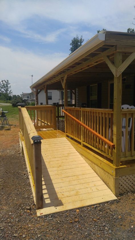 Adding Ramp To Porch, Deck With Ramp Ideas, Mobile Home Deck With Ramp, Porch Ramp Ideas, Handicapped Ramp Ideas, Ramp For Deck, Front Porch With Ramp, Deck Ramp Ideas, Deck With Ramp And Stairs