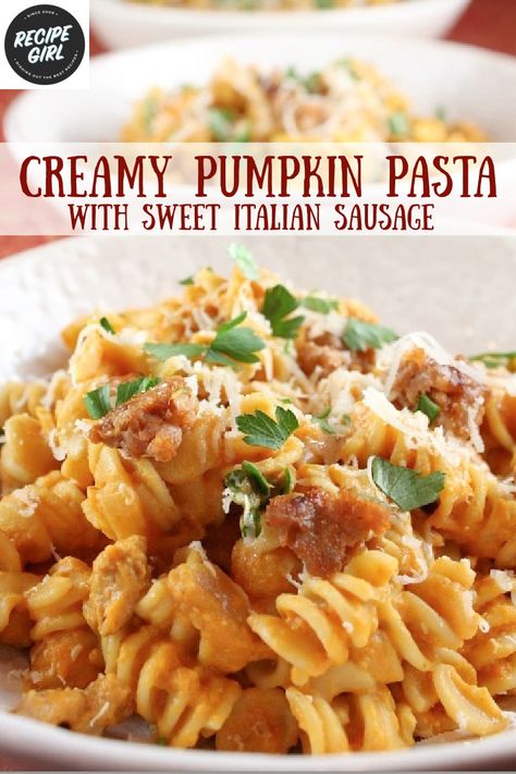 Pumpkin Pasta With Sausage, Sausage Pumpkin Pasta, Fall Pasta Sauce, Pasta Italian Sausage, Pumpkin Sausage Pasta, Sweet Italian Sausage Recipes, Sausage Pasta Sauce, Creamy Pumpkin Pasta, Italian Sausage Recipe