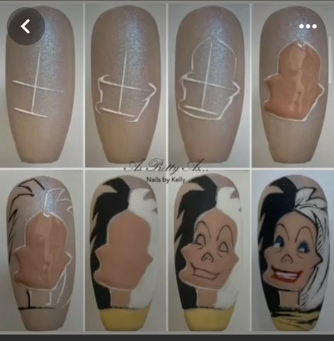 Cruelly Deville Nails, Halloween Nail Art Step By Step, Cruella Deville Nail Art, 101 Dalmatian Nails, 101 Dalmations Nails, Nail Pictorial, Cruella Nail Art, Cruella Deville Nails, Character Nail Art Step By Step