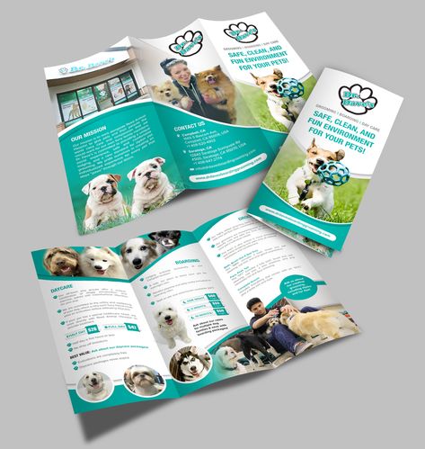 How to Design a Brochure: The Ultimate Guide Services Brochure, Dog Restaurant, Doggy Daycare, Free Brochure, Pamphlet Design, Free Brochure Template, Brochure Layout, Clinic Design, Safe Cleaning Products