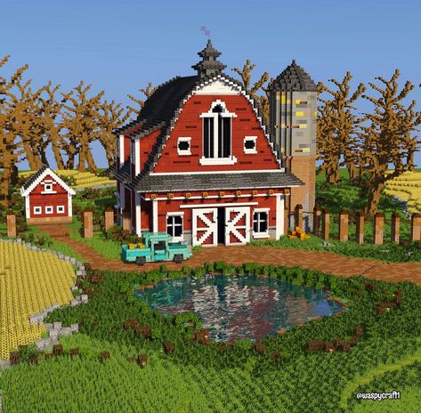 Minecraft Neighborhood House, Minecraft Farming House, Farm Idea Minecraft, Farm Decorations Minecraft, Barn House Minecraft, Rustic House Minecraft, Cute Barn Minecraft, Red Barn Minecraft, Minecraft Barn Design