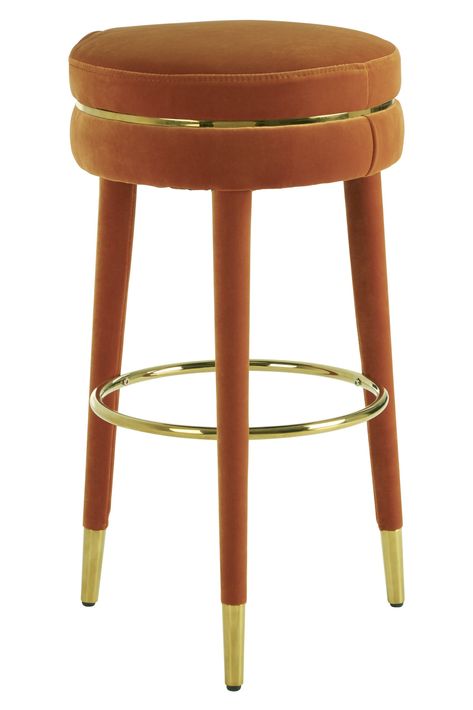 Daria Bar Stool - Orange Velvet Manhattan Bar, Orange Bar Stools, Stainless Steel Bar Stools, Orange Furniture, Fabric Bar Stool, Breakfast Bar Kitchen, Contemporary Bar Stools, Wooden Bar Stools, Adjustable Stool