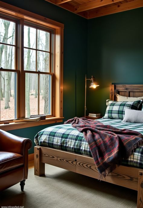 Transform your space with this stunning rustic bedroom design! 🌲 The reclaimed wood bed frame and plaid bedding bring warmth, while deep forest green walls create a peaceful ambiance. A cozy reading nook with a leather armchair and vintage lamp invites relaxation. Enjoy nature views from the large window—perfect for unwinding after a long day! 💤 Pine Green Bedroom Ideas, Green Plaid Bedroom, Forest Cabin Bedroom, Green Master Bed, Forest Green Walls, Alpine Bedroom, Forest Inspired Bedroom, Forest Bed, Reclaimed Wood Bed