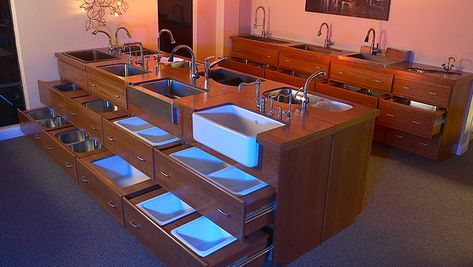 Sink display. Kitchen Sink Display Showroom, Sink Display Showroom, Kitchen Sink Display, Sink Showroom, Granite Showroom, Showroom Ideas, Showroom Decor, Bathroom Showrooms, Showroom Display