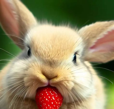 Strawberry Bunny, Animals With Strawberries, Strawberry Bunny Aesthetic, Bunny Eating Strawberry Tattoo, Rabbit Strawberry, Bunny With Strawberry, Bunny Eating Strawberry, Bunnies Eating Strawberries, Cute Horses