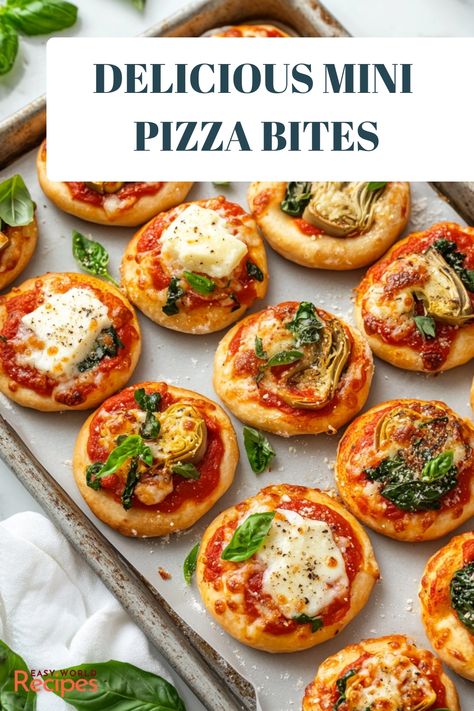 Make delicious mini pizzettas with a simple homemade pizza dough, topped with tomato sauce, cheese, and fresh basil. Customize your bite-sized pizzas with endless topping options like pepperoni, olives, and artichokes. Simple Italian Appetizers, Pizza Bites With Pizza Dough, Pizza Dough Appetizers Ideas, Mini Pizza Dough Recipe, Healthy Mini Pizzas, Pizza Appetizers Easy, Easy Mini Pizza Recipe, Pizza Bites Appetizer, Homemade Pizza Bites