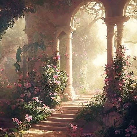 Spring Castle Aesthetic, Garden Of Time Aesthetic, Fantasy Garden Art, Rose Garden Aesthetic, Fairytale Landscape, Fantasy Gardens, Spring Court, Fairytale Aesthetic, Fantasy Rooms