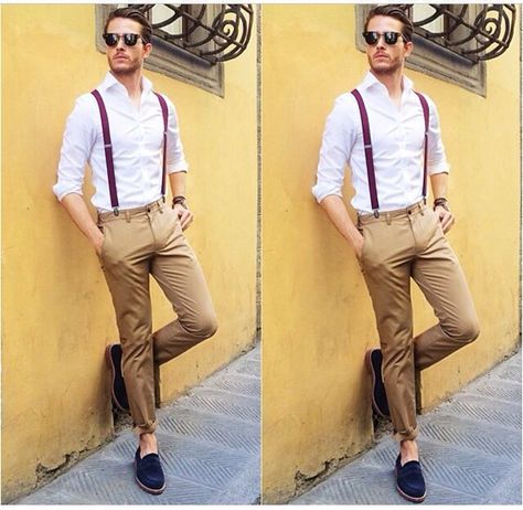 Summer suspenders beige and red Red Suspenders Outfit Men, Suspenders Outfit Men, Khaki Pants Outfit Men, Beige Pants Outfit, Slacks Outfit, Suspenders Outfit, Khaki Pants Outfit, Men's Summer Outfit, Red Suspenders