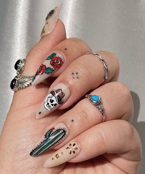 25  Country & Western Nails For Your Inner Cowgirl [2024] Western Acrylic Nail Ideas, Cowboy Nails Design Cowgirl, Nashville Nails Ideas Country, Space Cowboy Nails, Christmas Western Nails, Western Nails Ideas, Nfr Nails Designs, Cowgirl Nail Ideas, Country Christmas Nails