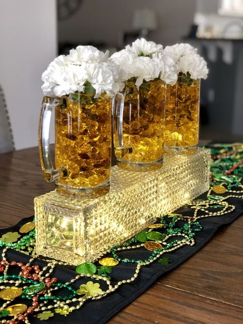 Dads Birthday Theme Party Ideas, Beer Themed 60th Birthday Party, Cheers And Beers Centerpiece, Beer Bottle Centerpieces For Birthday, Beer Centerpiece Ideas, Cheers Themed Birthday Party, Beer Themed Dessert Table, Boho Stock The Bar Party, Beer Mug Centerpiece 50th Birthday