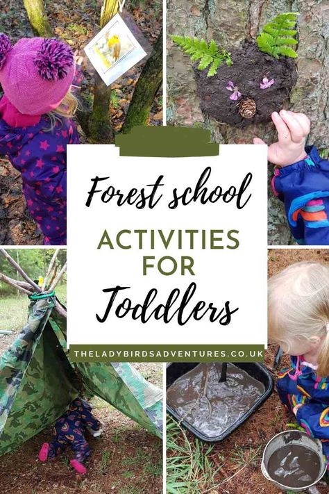 Find loads of forest school activity ideas for toddlers and preschoolers. Includes mud play, forest school arts and crafts and so much more Nature Play Week Activities For Toddlers, Montessori Forest Activities, Forest School Kindergarten, Preschool Learning Activities Outdoors, Forest School Nursery Ideas, A Year Of Forest School, Forest School Sensory Activities, Early Years Forest School Activities, Easy Forest School Activities