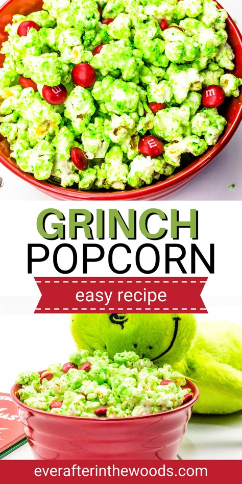 Grinch Popcorn - Ever After in the Woods Grinchmas Party Food Ideas, Grinch Salad Ideas, Grinch Breakfast Food, Grinch Food Ideas Snacks, Grinch Christmas Dinner Ideas, Grinch Treats Desserts, Grinch Recipes For Kids, Grinch Movie Night Snacks, Grinch Party Treats