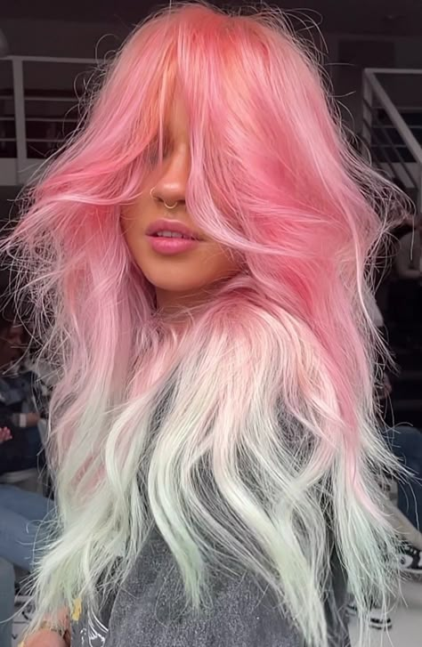 Pink To Blonde Hair, Colored Roots Blonde Hair, Pink Pieces In Blonde Hair, Long Blonde And Pink Hair, Blonde With Vibrant Colors, Cool Pink Hair, Two Tone Pink Hair, Candy Hairstyles, Pastel Hair Color Ideas