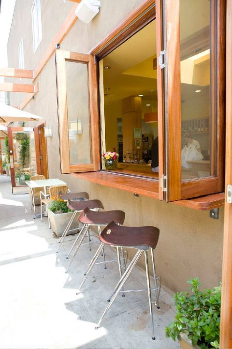 Kitchen Window Bar, Kitchen Window Design, Folding Windows, Cafe Window, House Florida, Window Bars, Indoor Outdoor Kitchen, Wooden Door Design, House Landscape