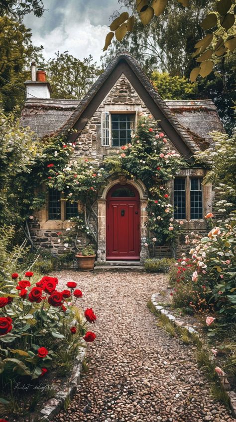 Download 'Enchanting Cottage Entrance' - A beautiful stone cottage adorned with climbing roses features a welcoming red door, creating a picturesque entrance. - Get this free stock photo and more high-quality images on StockCake. No attribution required. Tudor Cottage Front Door, Double Fronted Cottage, Stone Cottage Garden, Cottage In London, Round Front Doors, Welcoming Home Aesthetic, Red Cottage Exterior, Stone Cottage With Porch, Cozy Cottage Home Exterior