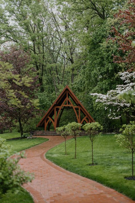 Venue Landscaping, Greenhouse Chapel, Church Landscaping Ideas, Outdoor Chapel, Open Air Chapel, Stone Chapel, Chapel In The Woods, Orchard Design, Event Venue Spaces