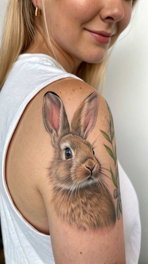 Find the perfect small rabbit foot tattoo design for your ankle or wrist! #SmallTattoos #RabbitFoot #AnkleTattoos Rabbit Foot Tattoo, Cute Rabbit Tattoo, Realistic Color Tattoo, Rabbit Symbolism, Rabbit Tattoo Ideas, Portrait Tattoo Design, Rabbit Portrait, Scene Tattoo, Cute Cat Tattoo