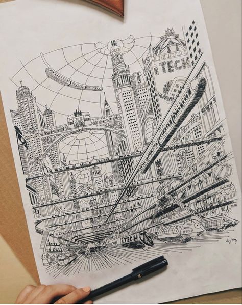 Favourite Machines Drawing, Futuristic City Sketch, Future City Drawing Ideas, Futuristic City Drawing, 5 Point Perspective Drawing, Future Drawing Ideas, Future City Drawing, Sketching Aesthetic, Map Sketch