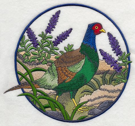 Green Pheasant Circle Green Pheasant, Flowers Stitch, Hexie Projects, Embroidered Bath Towels, Flower Machine Embroidery Designs, Bath Hand Towels, Bird Watchers, Forest Flowers, Embroidery Library